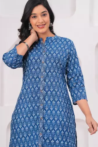 Blue pure cotton printed kurta