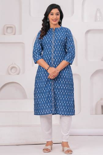 Blue pure cotton printed kurta