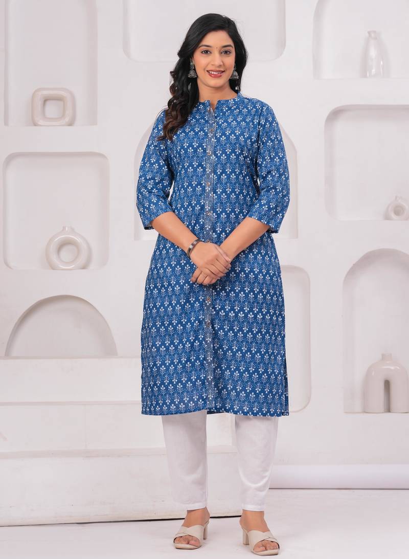 Blue pure cotton printed kurta