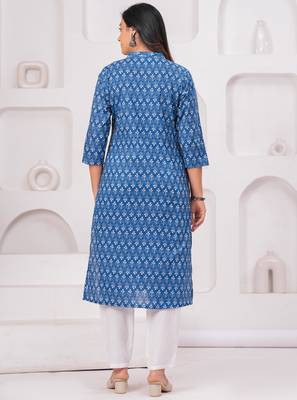 Blue pure cotton printed kurta 3
