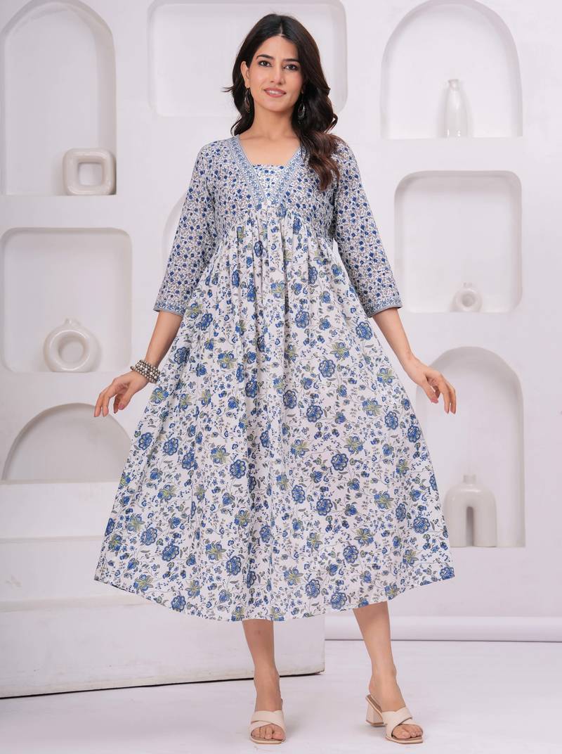 Blue cotton printed dress