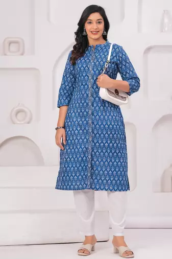 Blue pure cotton printed kurta