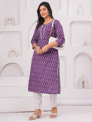 Lavender pure cotton printed kurta 5