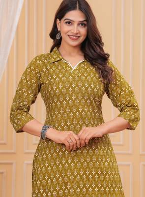 Mustard pure cotton printed kurta 1