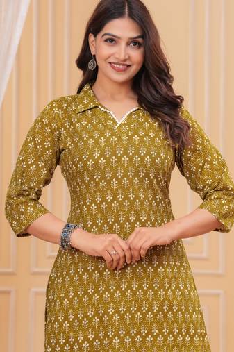 Mustard pure cotton printed kurta