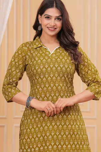 Mustard pure cotton printed kurta
