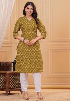 Mustard pure cotton printed kurta 2