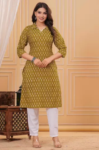 Mustard pure cotton printed kurta