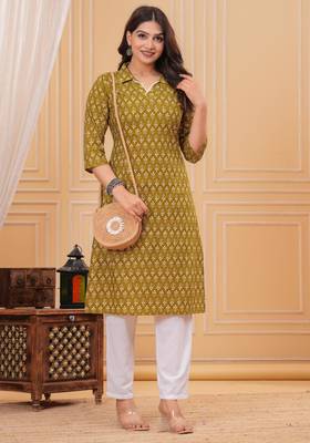 Mustard pure cotton printed kurta 5