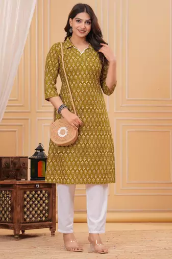 Mustard pure cotton printed kurta
