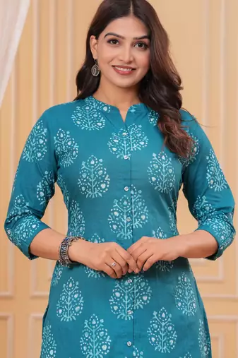 Blue pure cotton printed kurta