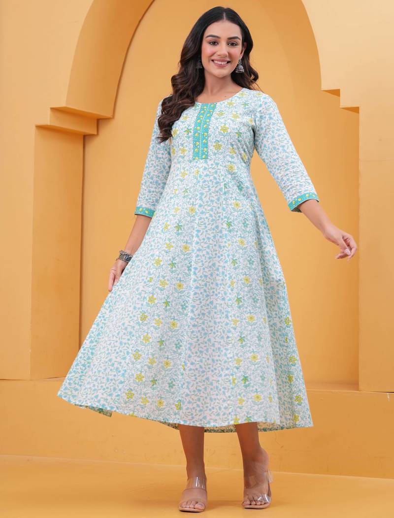 Sky-blue cotton printed dress