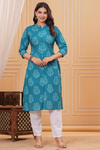 Blue pure cotton printed kurta