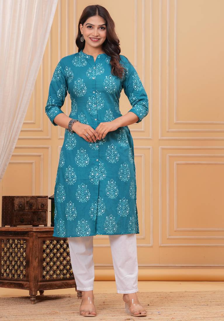 Blue pure cotton printed kurta