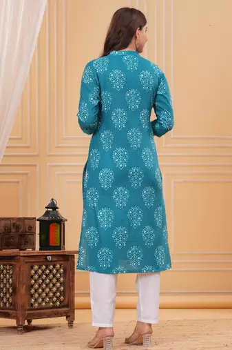 Blue pure cotton printed kurta