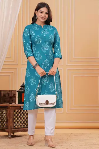 Blue pure cotton printed kurta