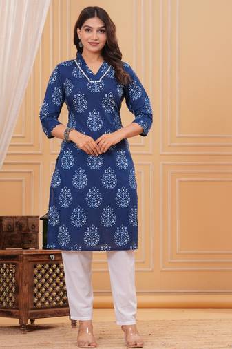 Blue pure cotton printed kurta