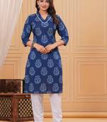Blue pure cotton printed kurta