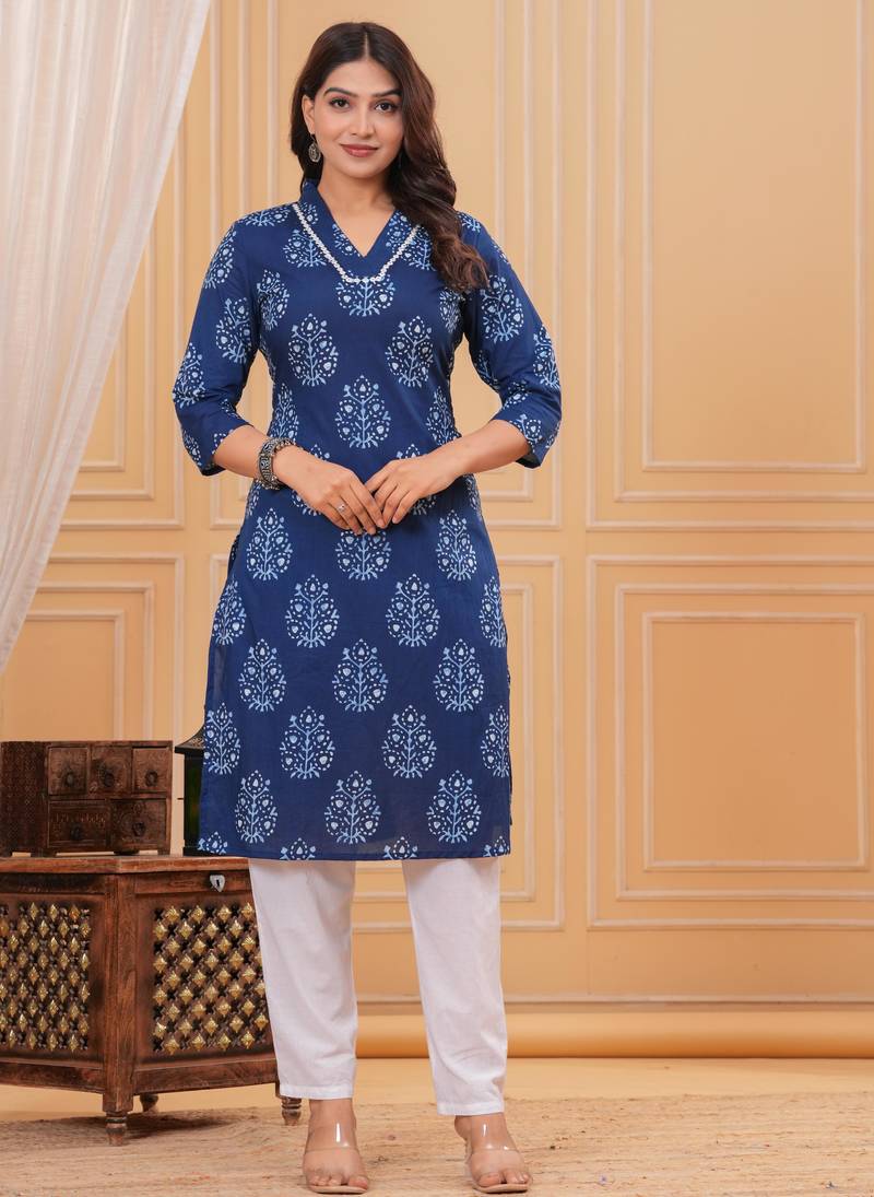 Blue pure cotton printed kurta