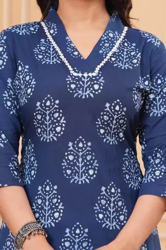 Blue pure cotton printed kurta
