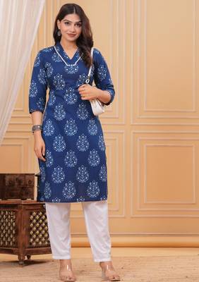 Blue pure cotton printed kurta 5