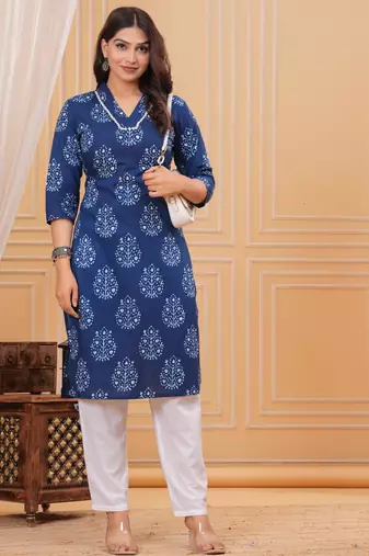 Blue pure cotton printed kurta