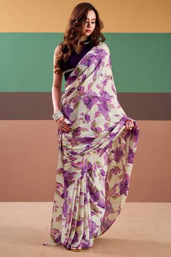 Graceful satin silk saree with floral prints
