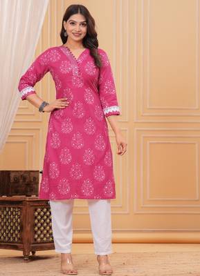 Pink pure cotton printed kurta 1