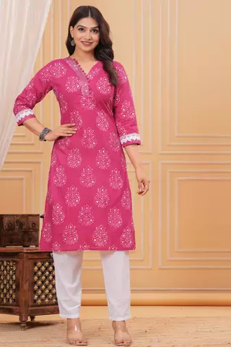 Pink pure cotton printed kurta