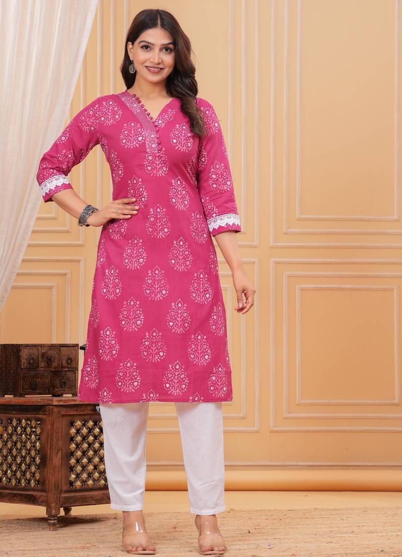 Pink pure cotton printed kurta