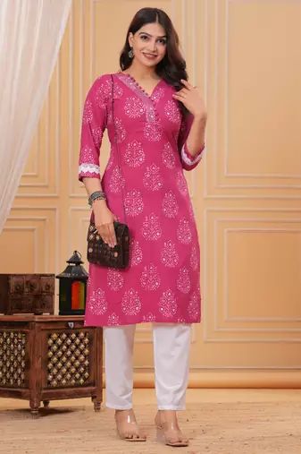 Pink pure cotton printed kurta
