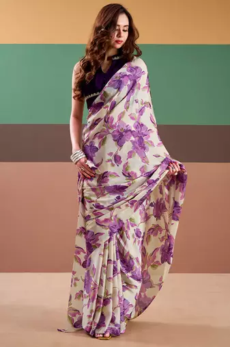 Graceful satin silk saree with floral prints