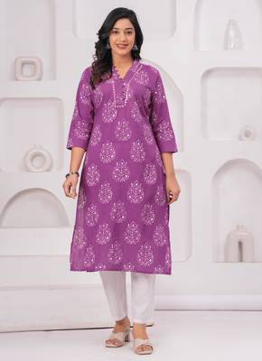 Purple pure cotton printed kurta 2
