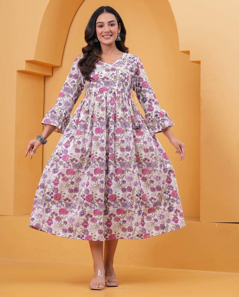 Mauve cotton printed dress