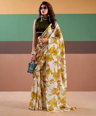 Graceful satin silk saree with floral prints 1