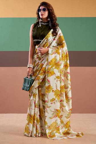 Graceful satin silk saree with floral prints