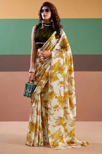 Graceful satin silk saree with floral prints
