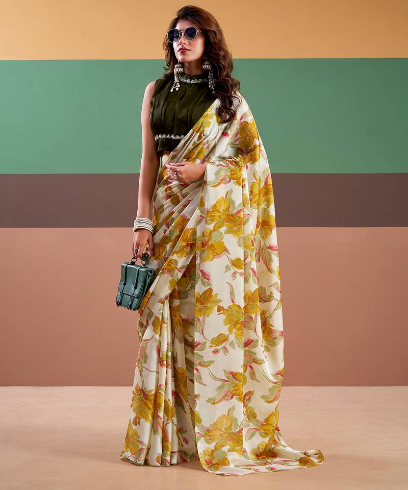 Graceful satin silk saree with floral prints