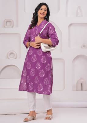 Purple pure cotton printed kurta 5