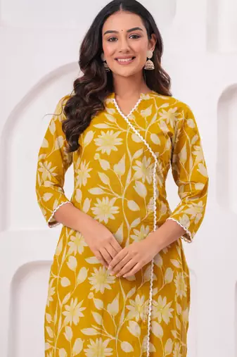 Light-yellow pure cotton printed kurta