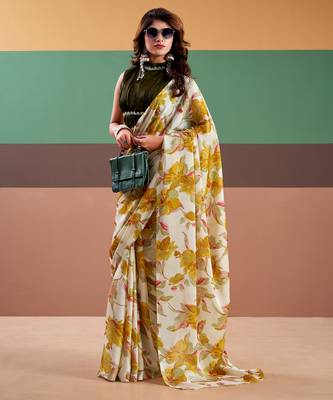 Graceful satin silk saree with floral prints 4