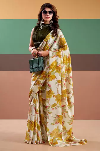 Graceful satin silk saree with floral prints