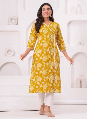 Light-yellow pure cotton printed kurta 1