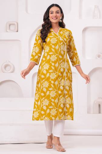 Light-yellow pure cotton printed kurta