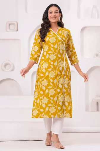 Light-yellow pure cotton printed kurta