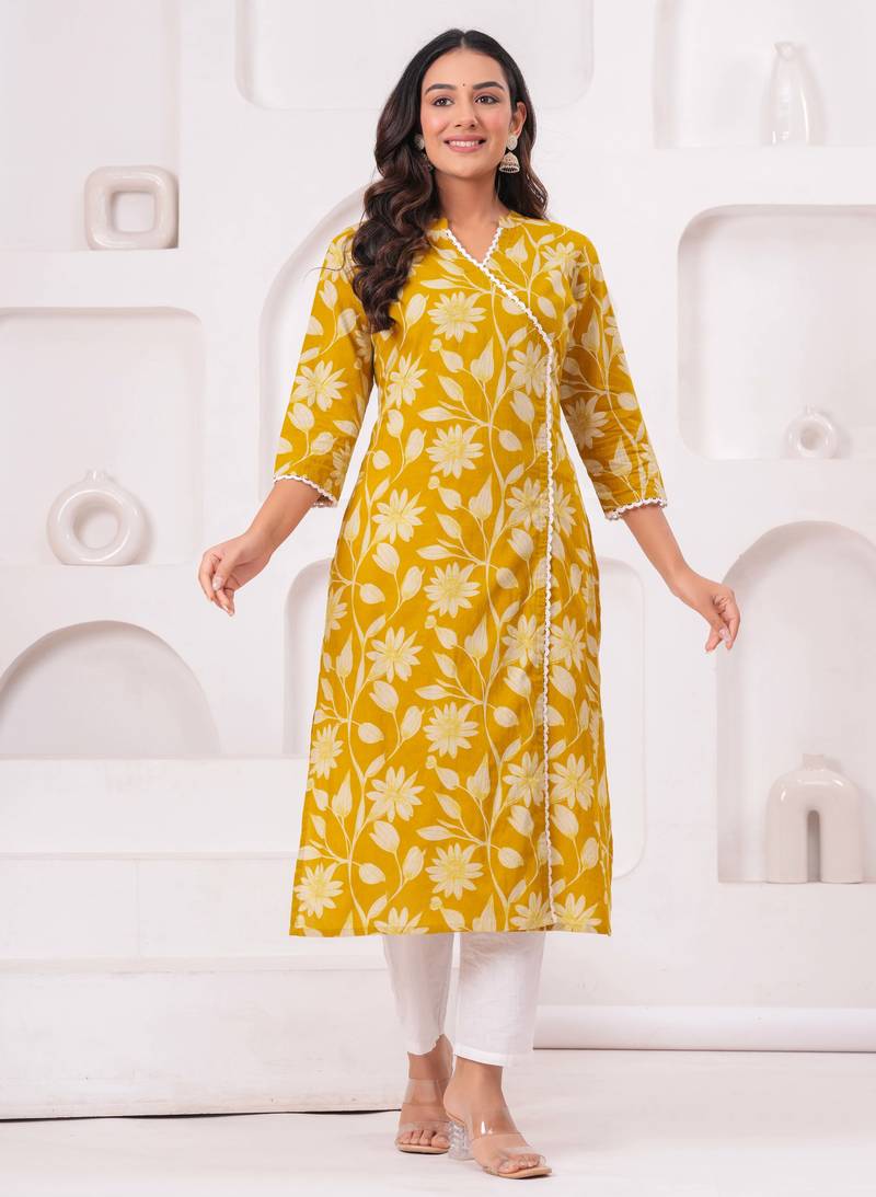 Light-yellow pure cotton printed kurta