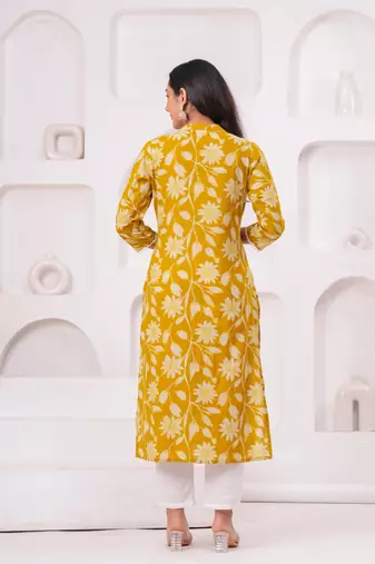 Light-yellow pure cotton printed kurta