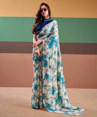Graceful satin silk saree with floral prints 1