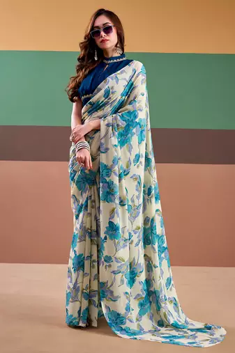 Graceful satin silk saree with floral prints