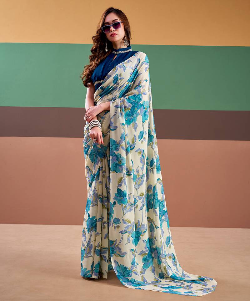 Graceful satin silk saree with floral prints